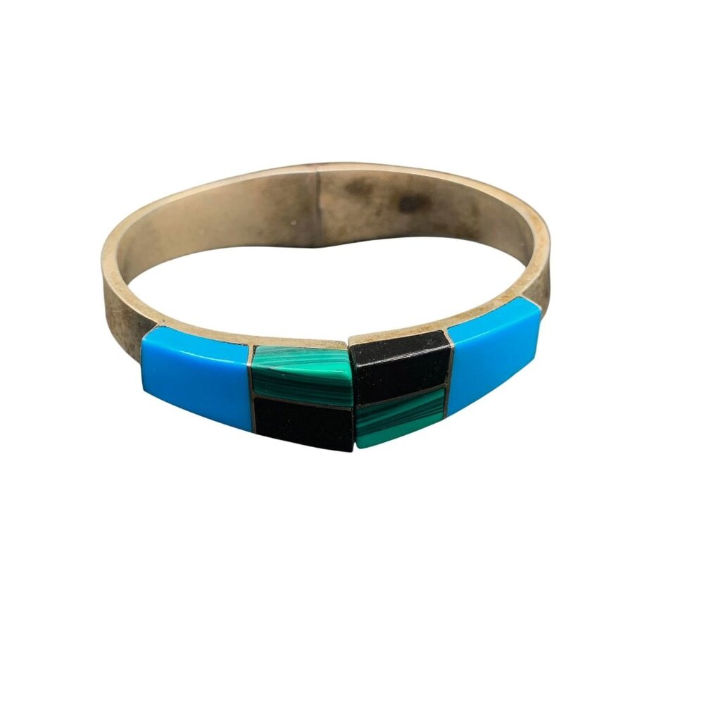 Sterling Hinged Bangle Turquoise Malachite and Onyx made in Mexico 925